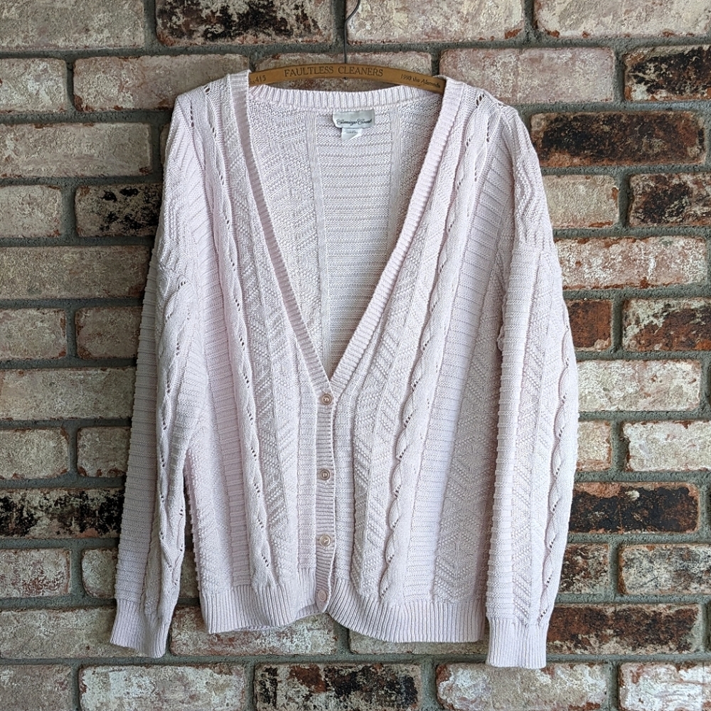 🌸 Carriage Court Cotton Light Pink Long V Neck Cable Knit Button Front Cardigan